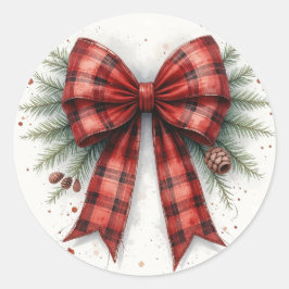 Pegatina Redonda Lazo de Navidad de Acuarela Roja