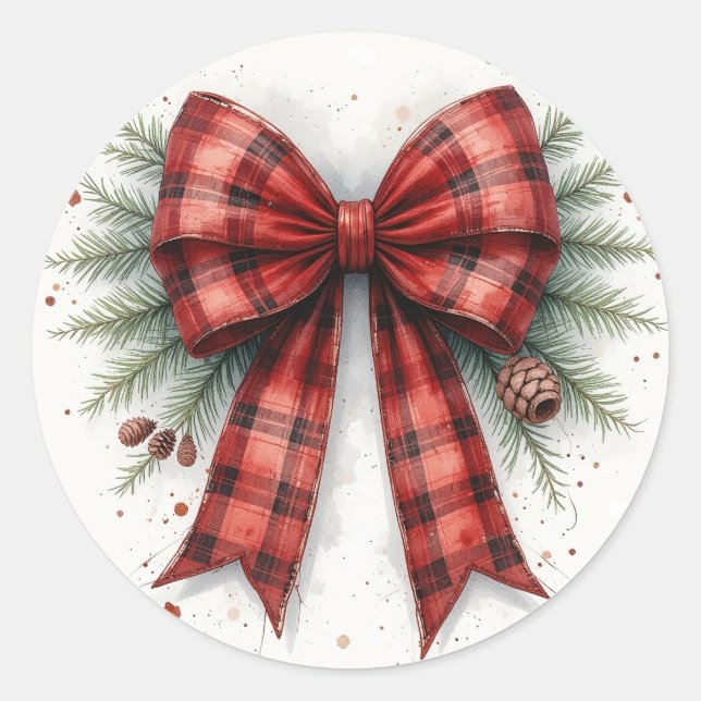 Pegatina Redonda Lazo de Navidad de Acuarela Roja (Anverso)