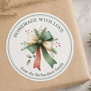 Pegatina Redonda Lazo de Navidad Hecho con Amor