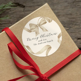 Pegatina Redonda Lazo dorado de crema Feliz Navidad