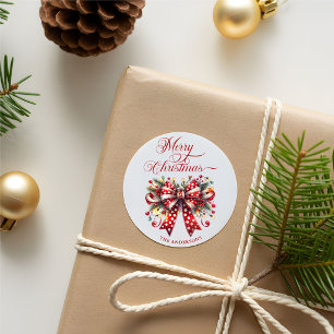 Pegatina Redonda Lazo festivo de Navidad, tipografía de Feliz Navid