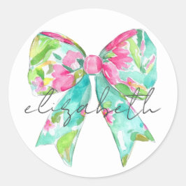Pegatina Redonda Lazo personalizado rosa y verde elegante