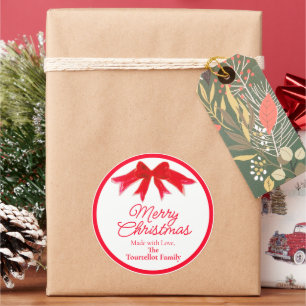 Pegatina Redonda Lazo Pintado de Rojo de Navidad Hecho a Mano con A