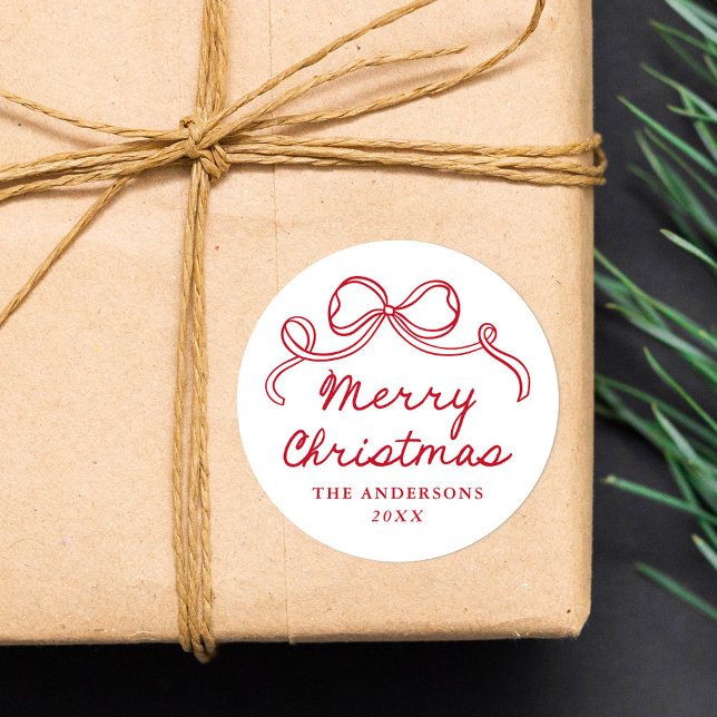 Pegatina Redonda Lazo Rojo Caprichoso Dibujado a Mano Feliz Navidad (Subido por el creador)