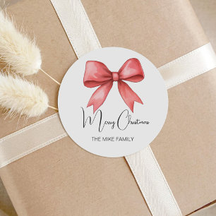Pegatina Redonda Lazo Rojo de Navidad Nombre de Familia Personaliza