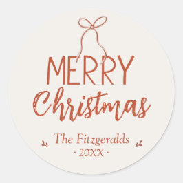 Pegatina Redonda Lazo Rojo Feliz Personalizado de Navidad