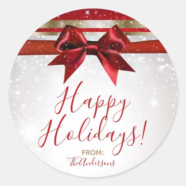 Pegatina Redonda Lazo Rojo y Dorado Favor de Fiesta Elegante con Br (Anverso)