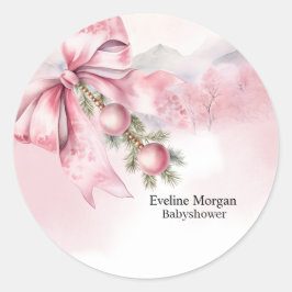 Pegatina Redonda Lazo rosa acuarela con borlas para baby shower