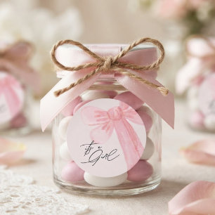Pegatina Redonda Lazo Rosa Beige de Acuarela Moderna Es una Niña