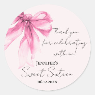 Pegatina Redonda Lazo Rosa Coquette Script Sweet 16 Gracias Rosado 
