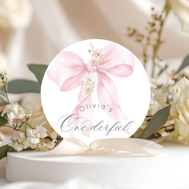 Pegatina Redonda Lazo rosa Onederful cumpleaños niña 1 (Subido por el creador)