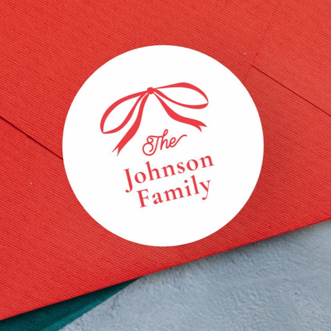 Pegatina Redonda Lazo Simple Navidad Vacaciones  (Elegant Hand Drawn Bow Christmas Holiday Card Envelope Seal.)