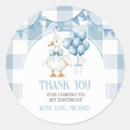 Pegatina Redonda Lazo Un Ganso Tonto Cumpleaños 1 Azul Gingham
