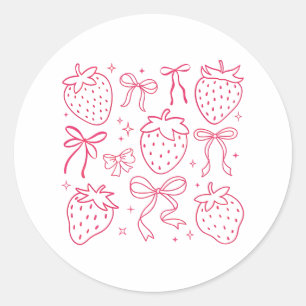 Pegatina Redonda Lazos de fresa rosada kawaii coqueta linda