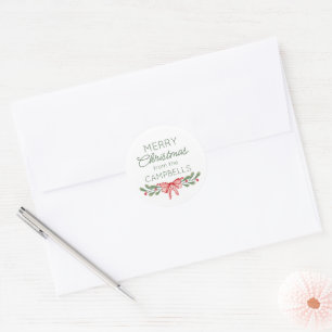 Pegatina Redonda Lazos de ramitas de acuarela roja Feliz Navidad
