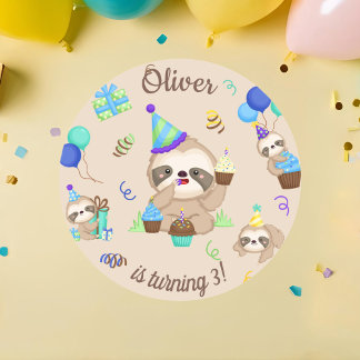 Pegatina Redonda Lazy Day Cute Sloth Birthday Party