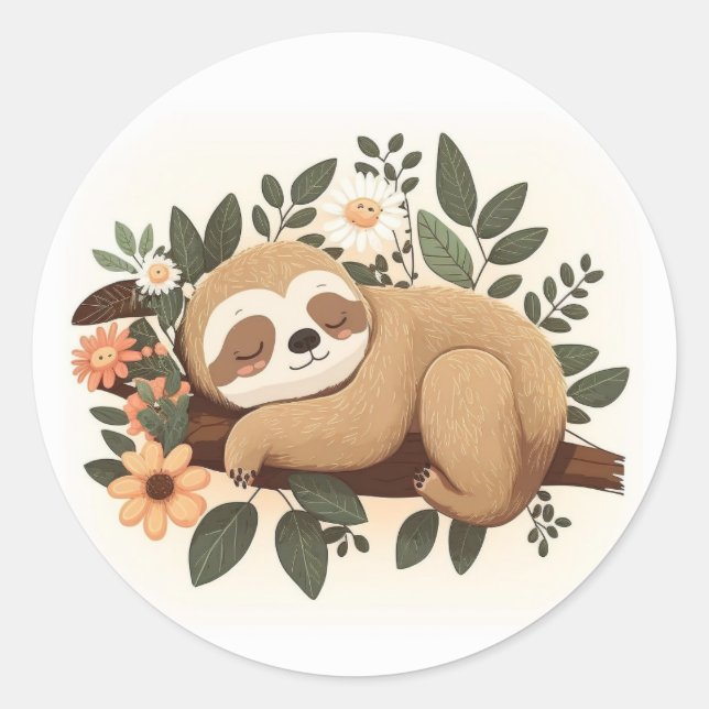 Pegatina Redonda Lazy sloth sleeping on a branch cartoon            (Anverso)