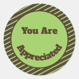 Pegatina Redonda Le Agradecemos Las Rayas Verdes Marrones Gracias.