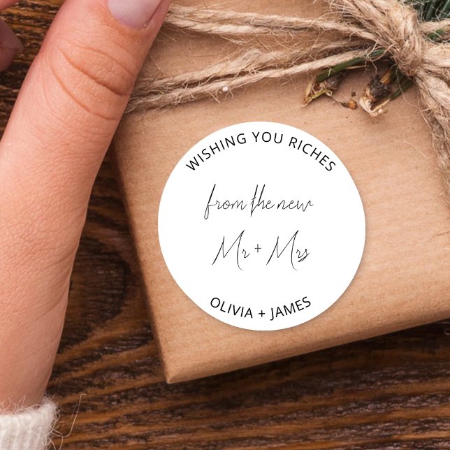 Pegatina Redonda Le Deseo Riches Del Nuevo Sr. Mrs Boda Bag (Subido por el creador)