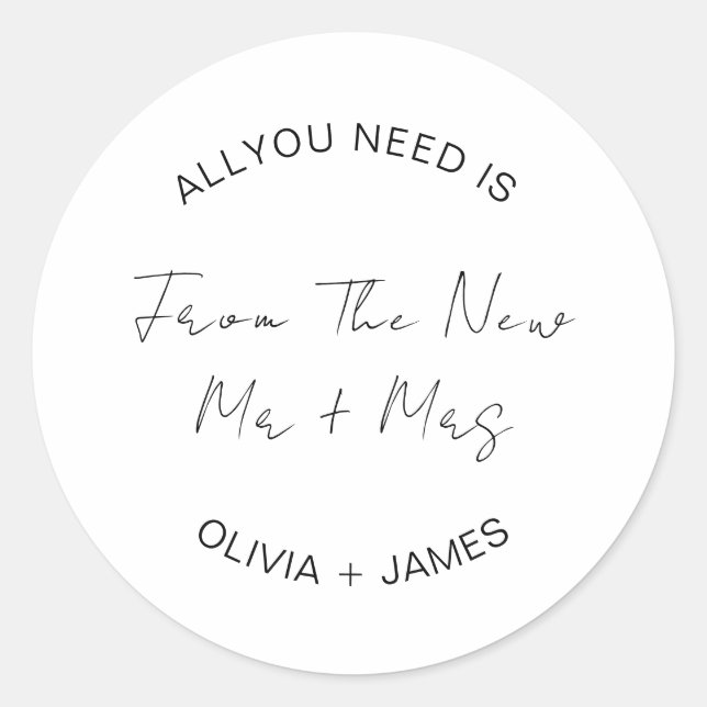 Pegatina Redonda Le Deseo Riches Del Nuevo Sr. + Sra. Boda (Anverso)