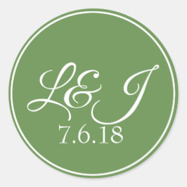 Pegatina Redonda Leaf Green & White Couple's Initals & Boda Date