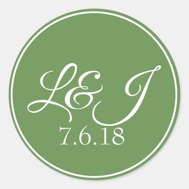 Pegatina Redonda Leaf Green & White Couple's Initals & Boda Date (Anverso)