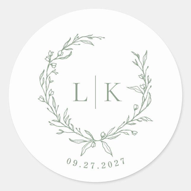 Pegatina Redonda Leaf Monogram Sage Green Boda (Anverso)