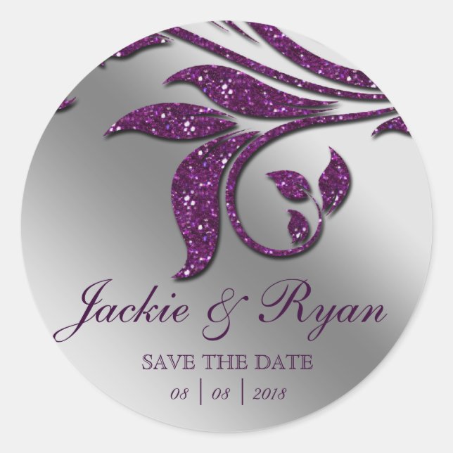 Pegatina Redonda Leaf Save Date Boda Pegatinas Purple Sparkle (Anverso)