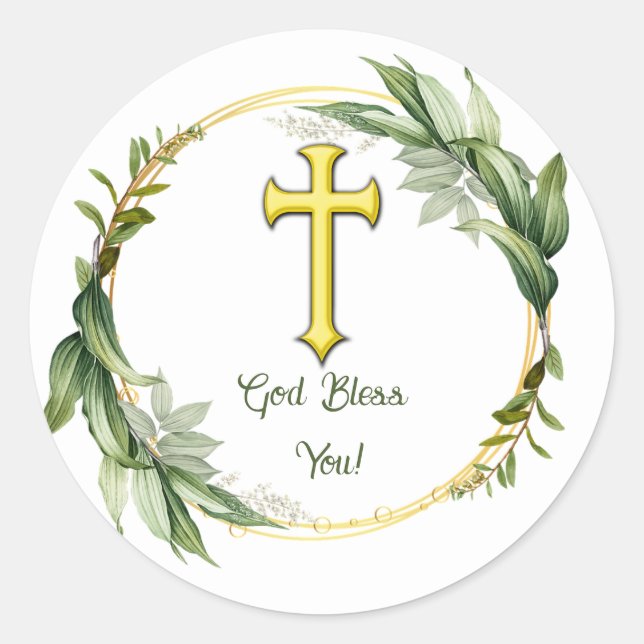 Pegatina Redonda Leaf Wreath editable y Cross God Bless You (Anverso)