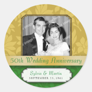 Pegatina Redonda Leafy Gold Damask 50 Aniversario