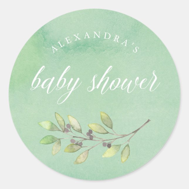 Pegatina Redonda Leafy Green | Baby Shower acuarela (Anverso)