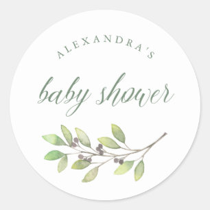 Pegatina Redonda Leafy Green   Baby Shower acuarela