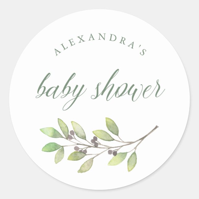 Pegatina Redonda Leafy Green | Baby Shower acuarela (Anverso)