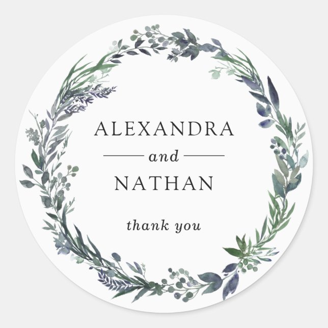 Pegatina Redonda Leafy Watercolor Wreath | BODA (Anverso)
