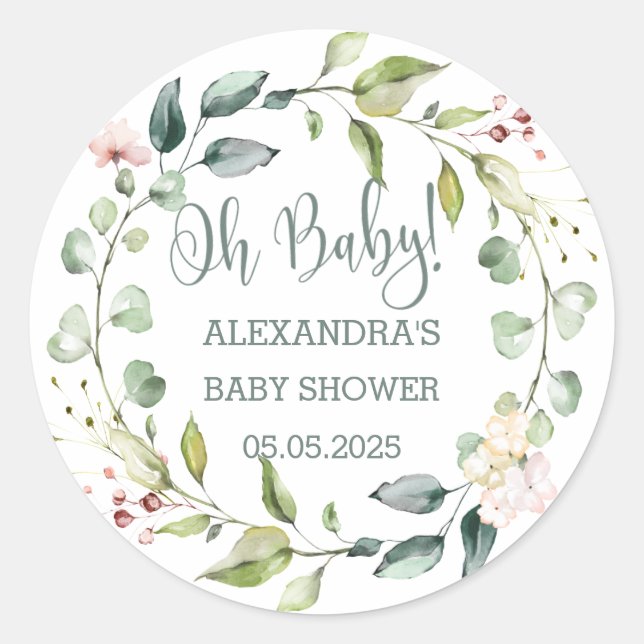 Pegatina Redonda Leafy wreath Baby Shower (Anverso)