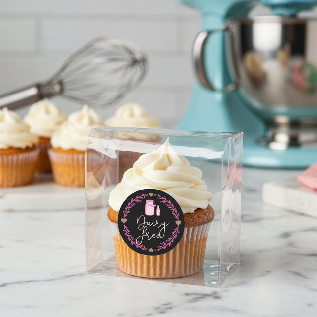 Pegatina Redonda Leche de leche gratis para panadería Jug & Wreath  (Bakery Dairy Free Milk Jug & Wreath Pink & Black Classic Round Sticker)