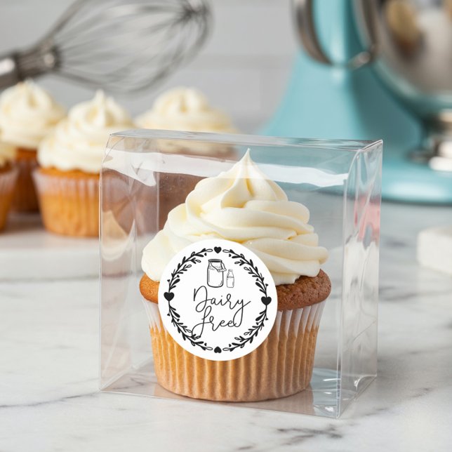 Pegatina Redonda Leche de leche gratis para panadería Jug & Wreath  (Bakery Dairy Free Milk Jug & Wreath Black & White Classic Round Sticker)
