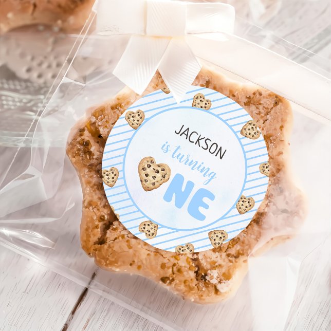 Pegatina Redonda Leche y galletas azul Fiesta de primer cumpleaños (Subido por el creador)