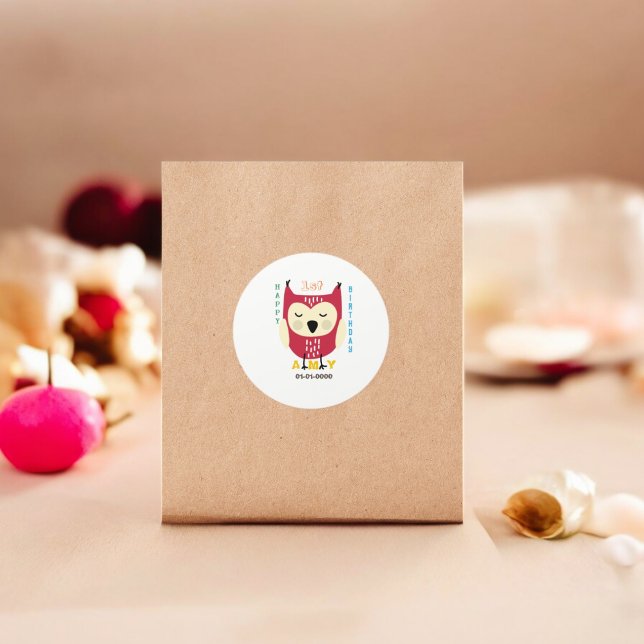 Pegatina Redonda Lechuza Bebé Primer Cumpleaños (baby Owl party theme sticker,birthday party sticker,gift pack,envelope,return gift sticker)