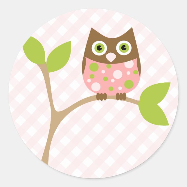 Pegatina Redonda Lechuza Bebé Rosa (Anverso)