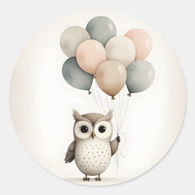 Pegatina Redonda Lechuza Boho minimalista con globos (Anverso)