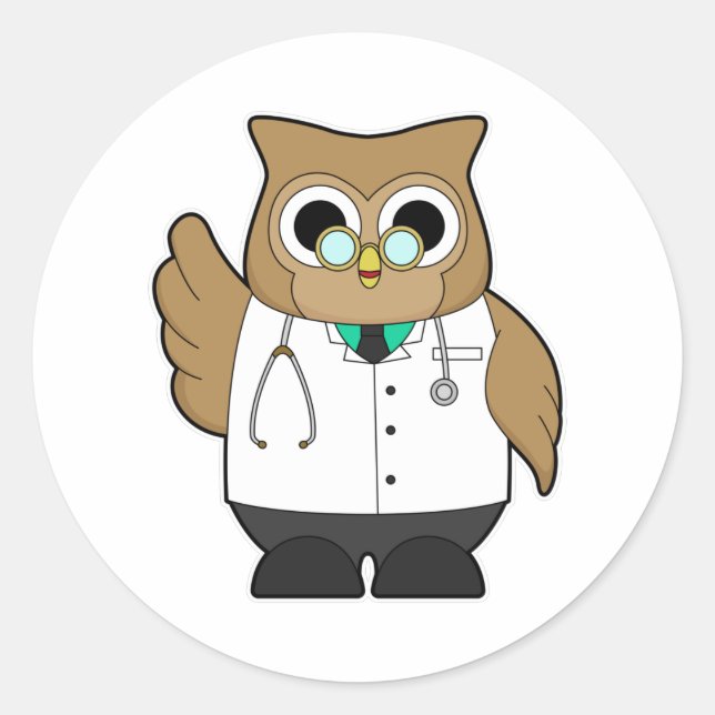 Pegatina Redonda Lechuza como Médica con Stetoscope (Anverso)