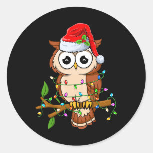 Pegatina Redonda Lechuza Con Noches De Sombrero De Papá Noel - Aves