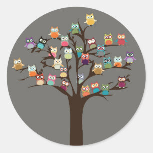 Pegatina Redonda Lechuza Cuta En El Árbol   Fondo