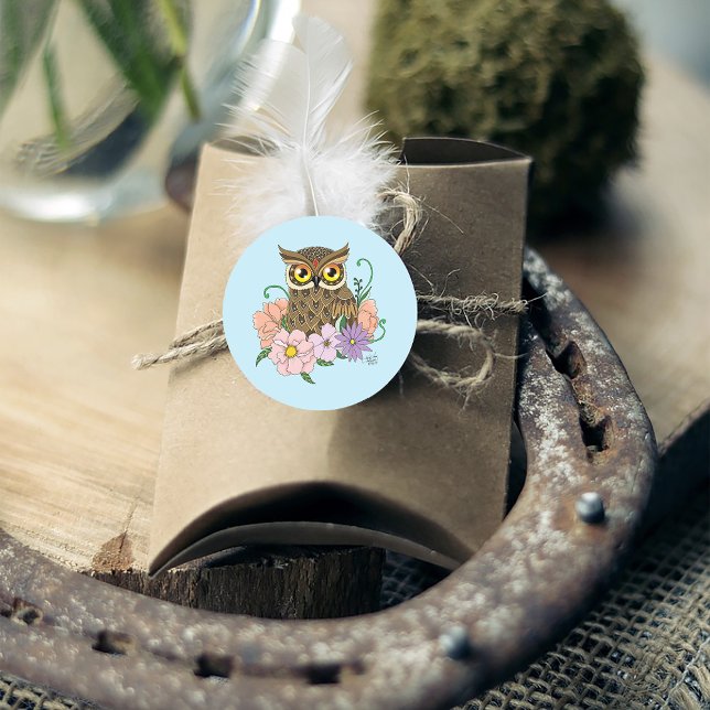 Pegatina Redonda Lechuza de flores primavera pastoral (Subido por el creador)