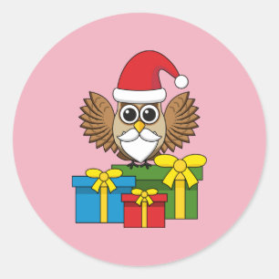Pegatina Redonda Lechuza de Santa Claus con regalos