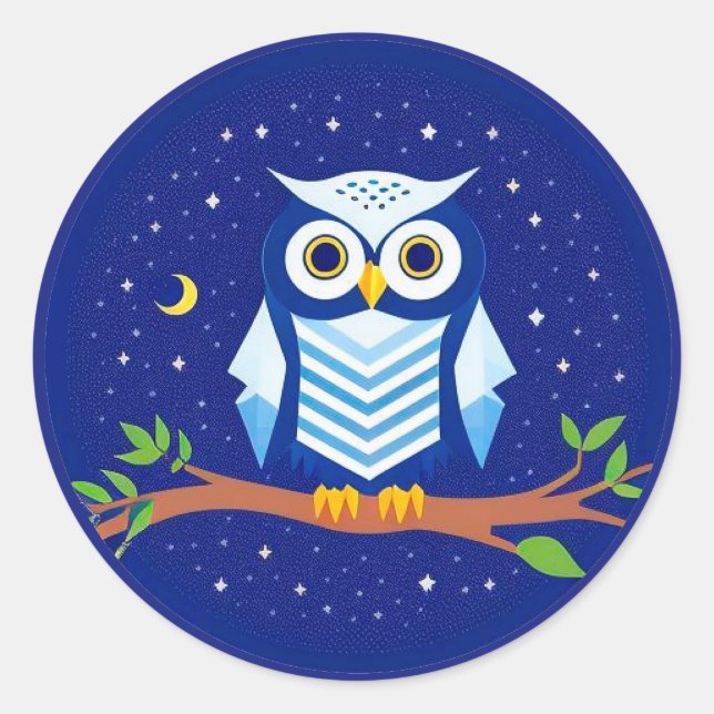 Pegatina Redonda Lechuza geométrica colorida colocada en la rama (Anverso)