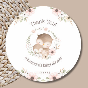 Pegatina Redonda Lechuza Lechuza Floral Rosa Baby Shower Gracias