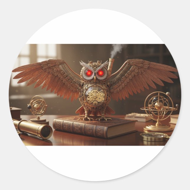 Pegatina Redonda Lechuza Mecánica Steampunk (Anverso)
