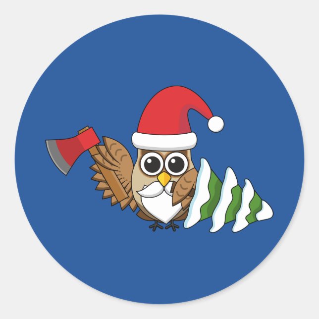 Pegatina Redonda Lechuza navidad con hacha y pino nevado (Anverso)